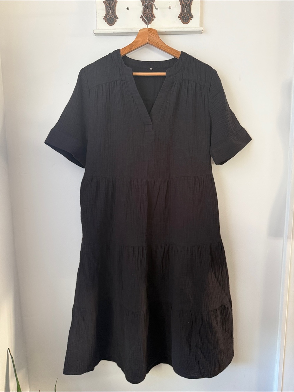 Chico's Black Tiered Midi Dress with V-Notch 100% Cotton Classic Work Boho Gauzy